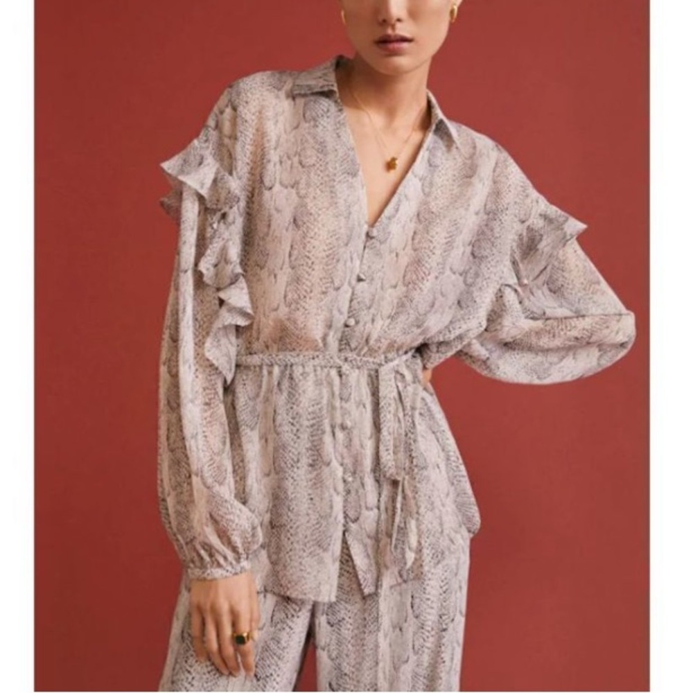 MANGO Grey Brown Sheer Snakeskin Print Ruffle Tie Blouse